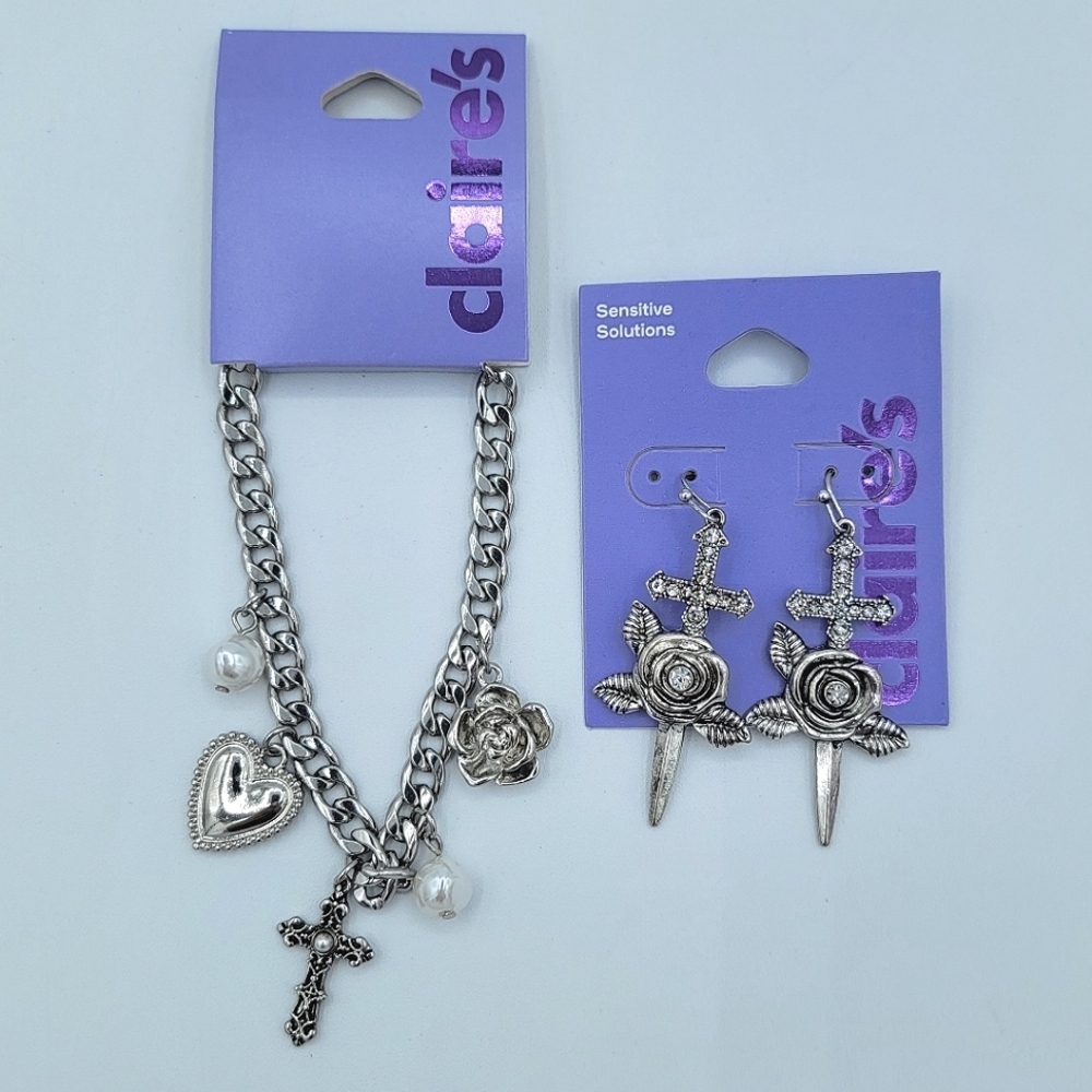 Claire's Silver Charm Necklace & Earring Set NEW #0010